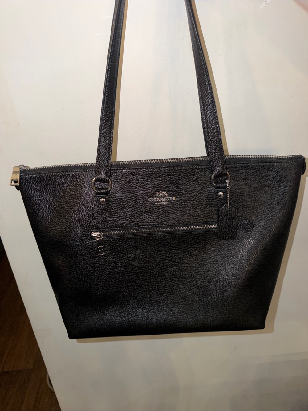 Coach Black Pebbled Leather Zip-Top Large Tote with Front Pocket